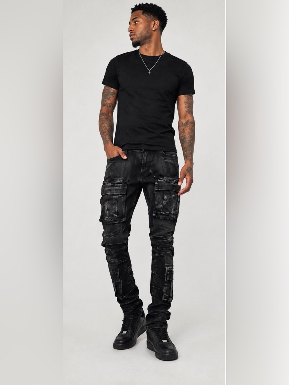 ARKETYPE Black Distressed Slim Cargo Jeans Y2K Stacked